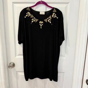 Vintage Roaman's 2X Plus Black Gold Embellished Neckline Short Sleeve Blouse Top